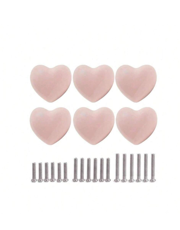 6pcs Ceramic Drawer Knobs Heart Shape Cabinet Dresser Pulls Handles With 3 Sized Screws, Kitchen Furniture Knobs For Closet Cupboard Wardrobe
