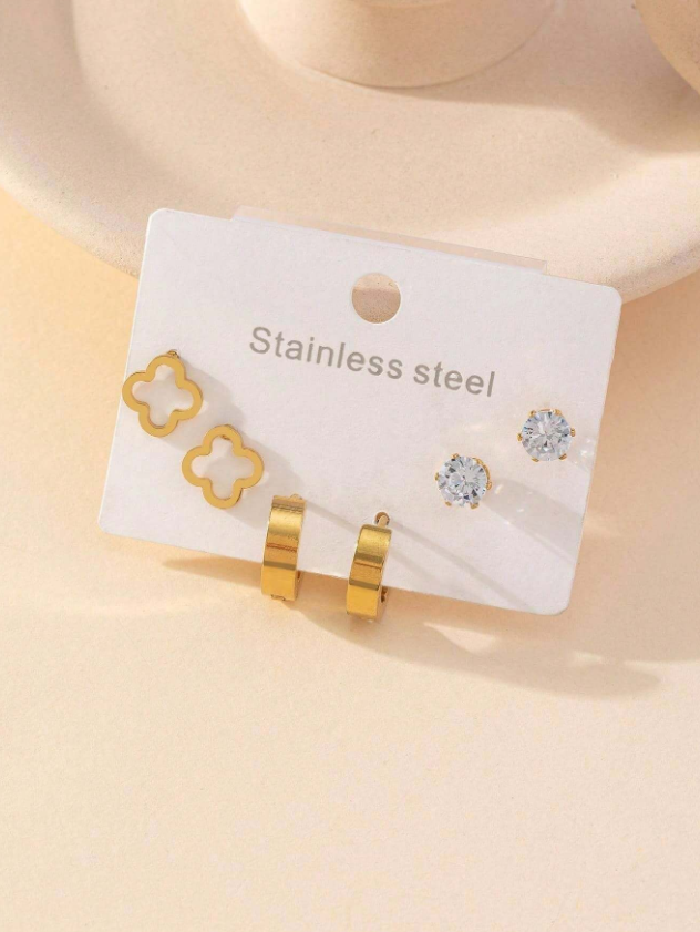 3pairs/set Cubic Zirconia & Flower Decor Earrings