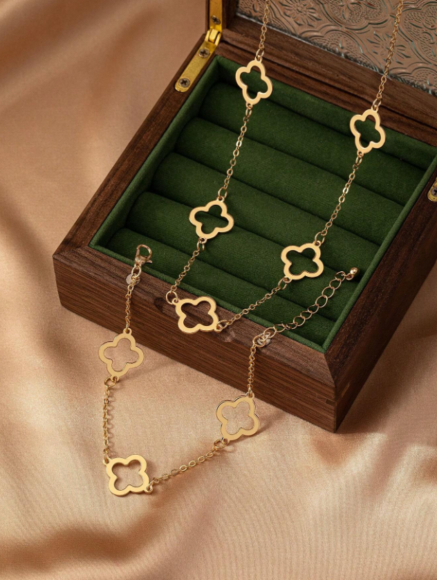 1pc Hollowed Flower-Chain Necklace & 1pc Hollowed Flower Bracelet Set, Popular Elegant Style For European And American Women