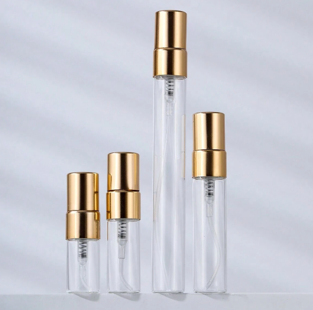 10pcs 2ml/3ml/5ml/10ml Portable Clear Glass Refillable Perfume Bottle With Aluminum Atomizer Golden&Silver Spray Bottles Same Sample Empty Containers