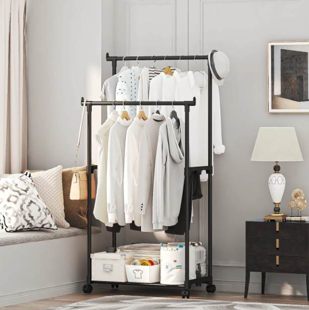 1pc Black Double Rod Rolling Garment Rack With Casters, Multi-Purpose Bedroom & Balcony Clothes Storage Organizer