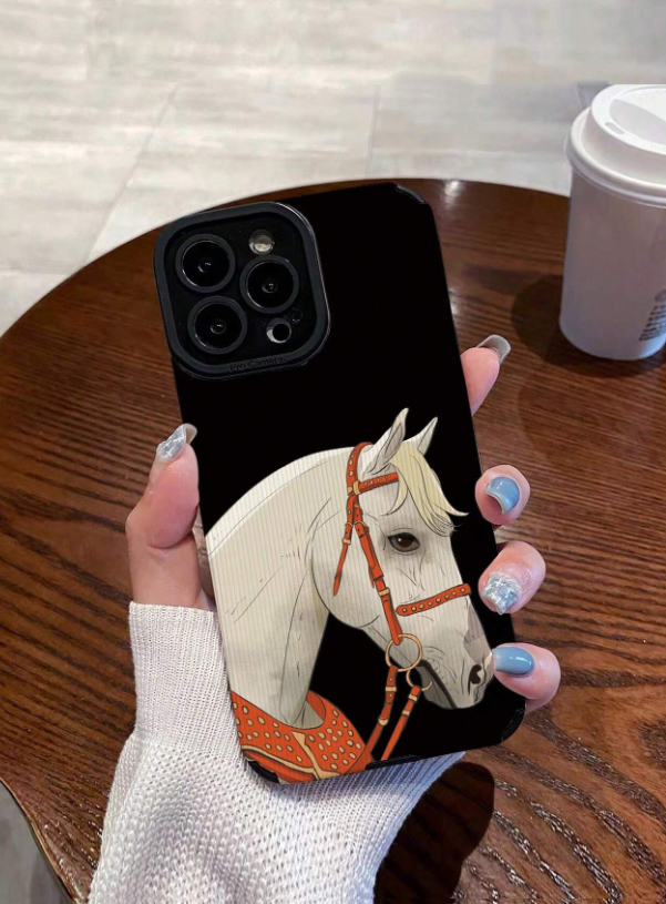 1pc Black Horse Head & Vertical Stripes Design Creative Frosted Soft Phone Case For Iphone And