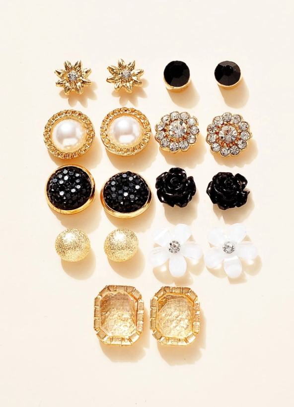 9pairs/set Rhinestone & Flower Decor Stud Earrings