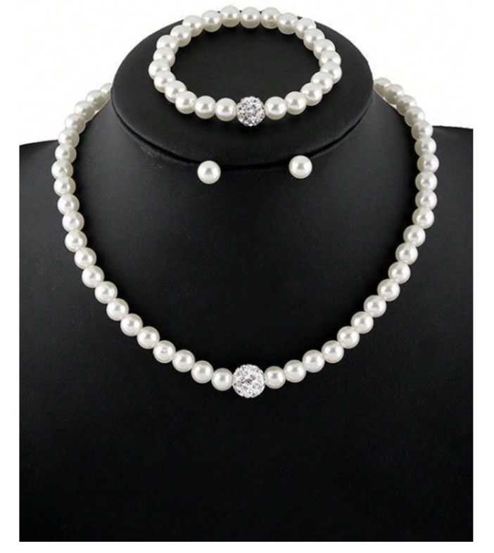 3pcs/Set Fashionable And Luxury Bridal Jewelry Set With Diamond Inlaid Faux Pearl Design, Including Necklace, Earrings And Bracelet, Suitable For Wedding Dressing