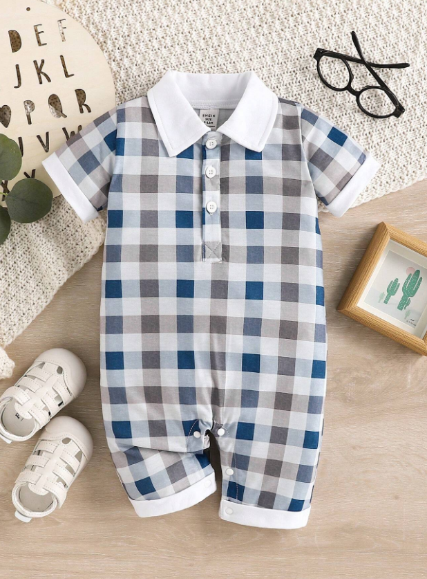 Baby Boy's Casual Classic Plaid Polo Collar Short Sleeve Romper With Shorts For Summer