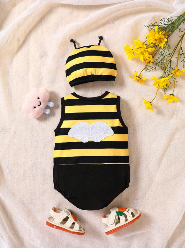 Baby Boy Striped Print Patched Detail Bodysuit & Hat