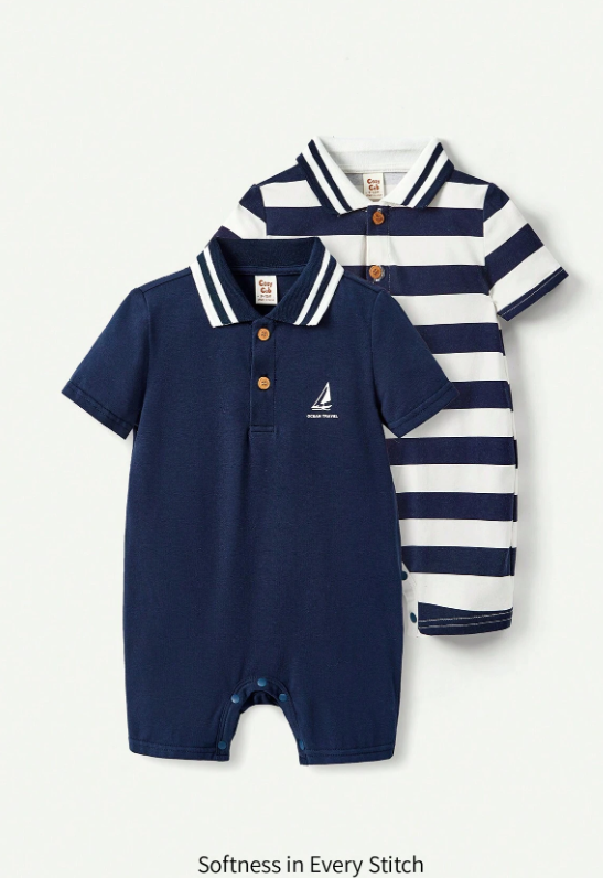 Cozy Cub Baby Boys' Casual Blue And White Striped Turn-Down Collar Romper 2pcs/Set