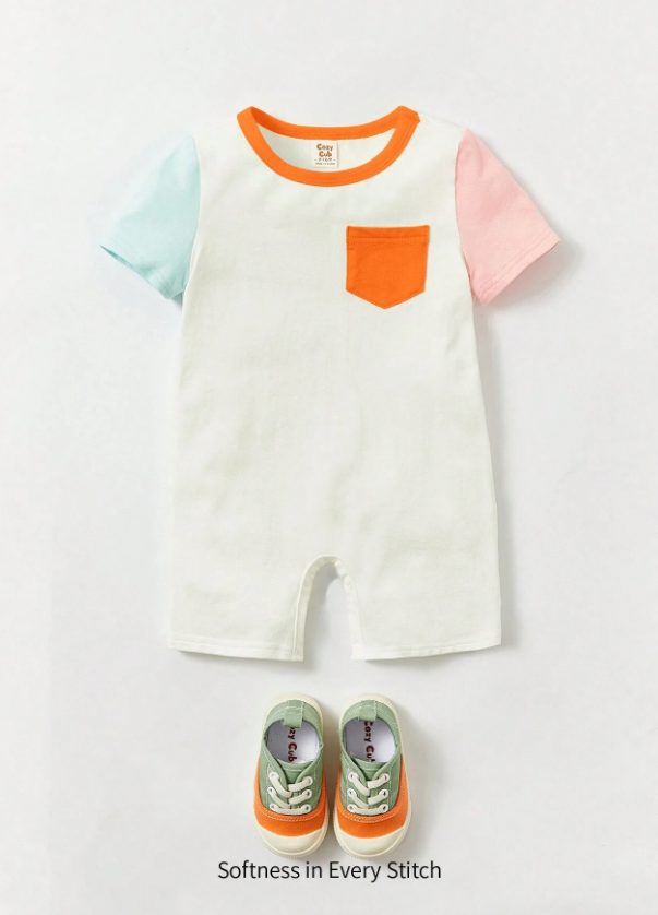 Cozy Cub Baby Boy Colorblock Patched Pocket Contrast Binding Romper