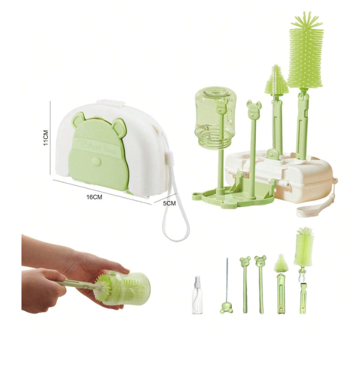 Bottle Brush Set-6 In 1 Baby Bottle Cleaner Set With Drying Rack,Silicone Baby Bottle Brush,Straw Brush,Nipple Brush,Soap Dispenser And Storage Box, Portable Baby Essentials For Travel