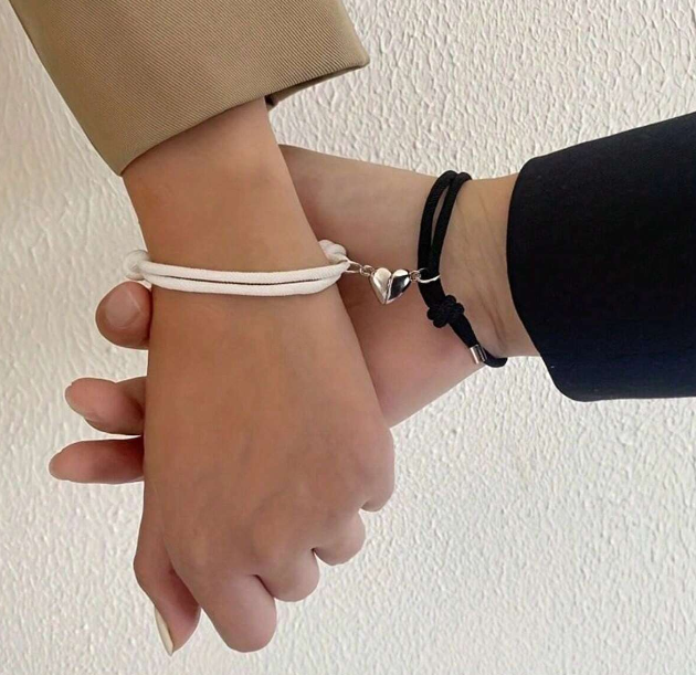 2Pcs Simple Braided Love Heart Magnetic Couple Bracelets For Dating Or Everyday Wear Matching Bracelets Couple