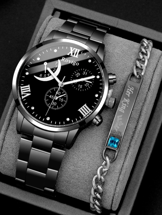 2pcs Fashion Business Gentleman Round Moon Men's Calendar Steel Band Quartz Watch with Cubic Zirconia Alloy Bracelet Combination Set