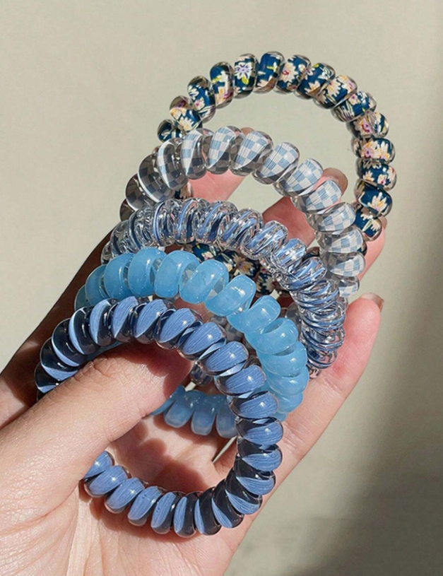 5pcs Blue-Gray Telephone Line Elastic Hair Ties, Convenient, Affordable And Cute, Suitable For Everyday Use Casual