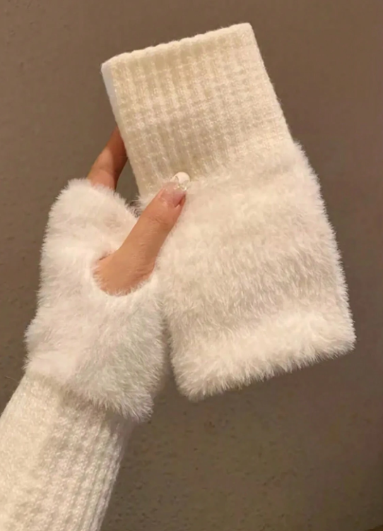 1pair Mink Fleece Soft Winter Half Finger Gloves Women Warm Luxury Solid White Plush Knitted Fingerless Gloves Wrist Mittens Writting