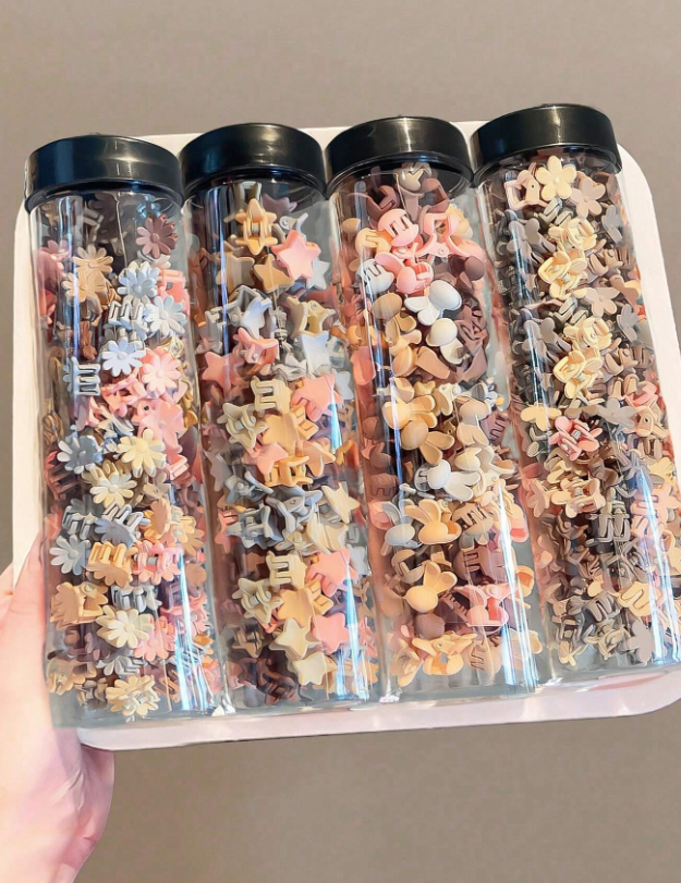 80pcs Jar Packed Girls Mixed Brown Tones Princess Hair Clips With Five-Pointed Stars, Flowers, Rabbit Ears And Daisies For Daily Use, Suitable For Babies And Kids