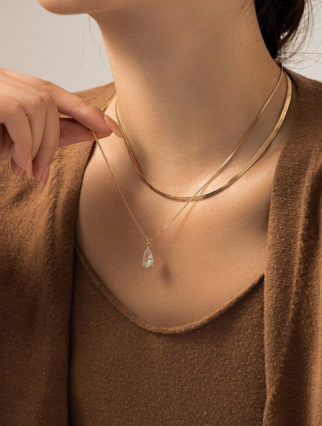 2 قطعة بسيطة وأنيقة طبقة مزدوجة زركونيا الديكور الفولاذ المقاوم للصدأ الذهب موضوع سلسلة مسطحة قلادة للنساء