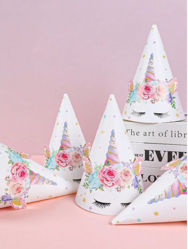 6 قبعات حفلة بموضوع يونيكورن وردي، أدوات تزيين لحفلة عيد ميلاد البنات وحفل استحمام الأطفال