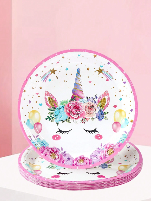 8 أطباق وجبات يمكن التخلص منها بأسلوب حصان اليونيكورن الوردي بقياس 7 بوصات، أدوات الطاولة القابلة للتصرف لحفلات أعياد الميلاد بأسلوب اليونيكورن.