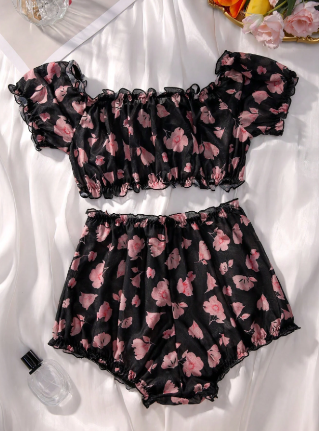 Classic Sexy طقم ملابس داخلية طباعة الأزهار مقلم بهدب