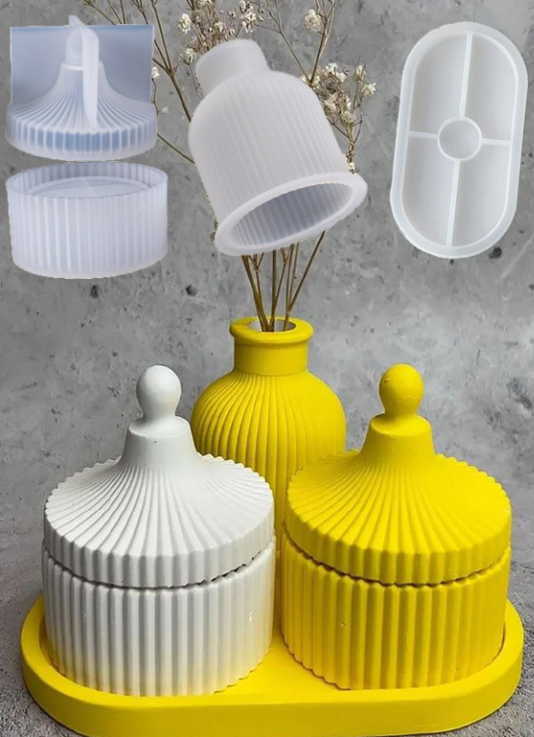 4 قطع / مجموعة قوالب سيليكون مع تصميم صينية لبرطمان مغطى ، مزهرية وصينية