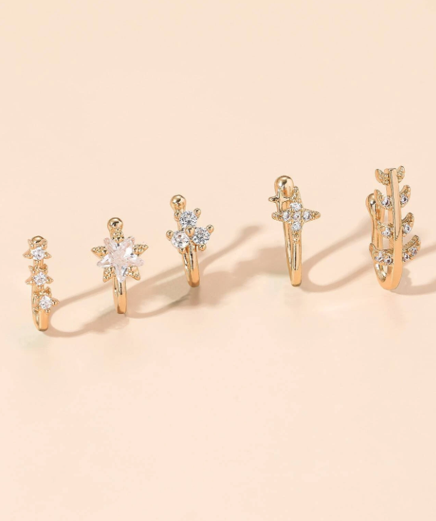 5قطعات/طقم نحاس , مكعب زركونيا نجمة مع مزخرف بأوراق الشجر حلية أنف للنساء و للرجال , البونك غير مثقوبة , A الموضة مجوهرات الجسم هدية الى أي مناسبات