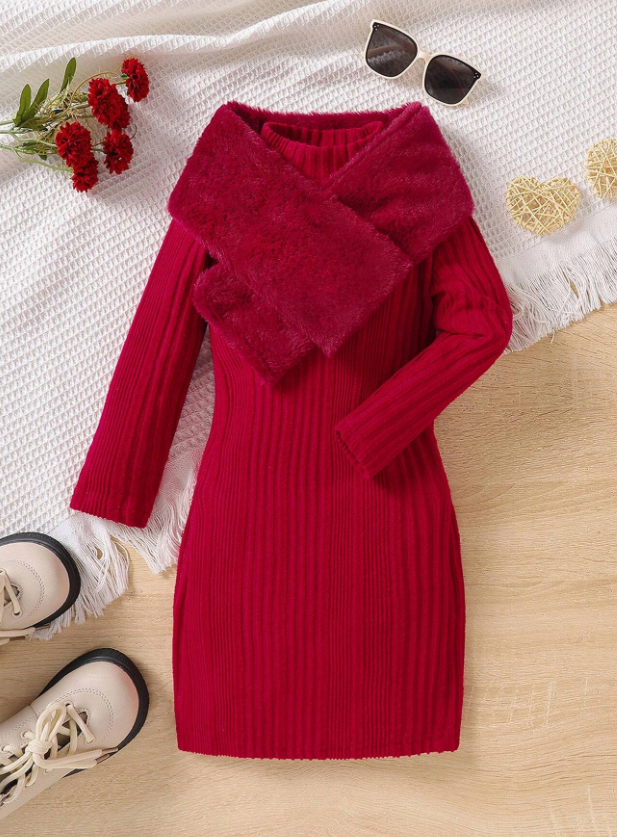 SHEIN Young Girl Solid Fitted Dress & Scarf Girls Red Sweater Dresssweater Dress For Girlsyoung Girls Sweater Dressgirls Sweater Dressgirls Sweater Dresses