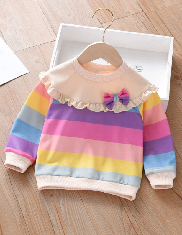 SHEIN Young Girl's Rainbow Striped Sweatshirt With Bowknot Decoration And Ruffled Hem, Suitable For Autumn, Spring And Winter