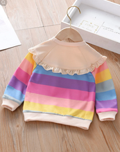 Load image into Gallery viewer, SHEIN Young Girl&#39;s Rainbow Striped Sweatshirt With Bowknot Decoration And Ruffled Hem, Suitable For Autumn, Spring And Winter
