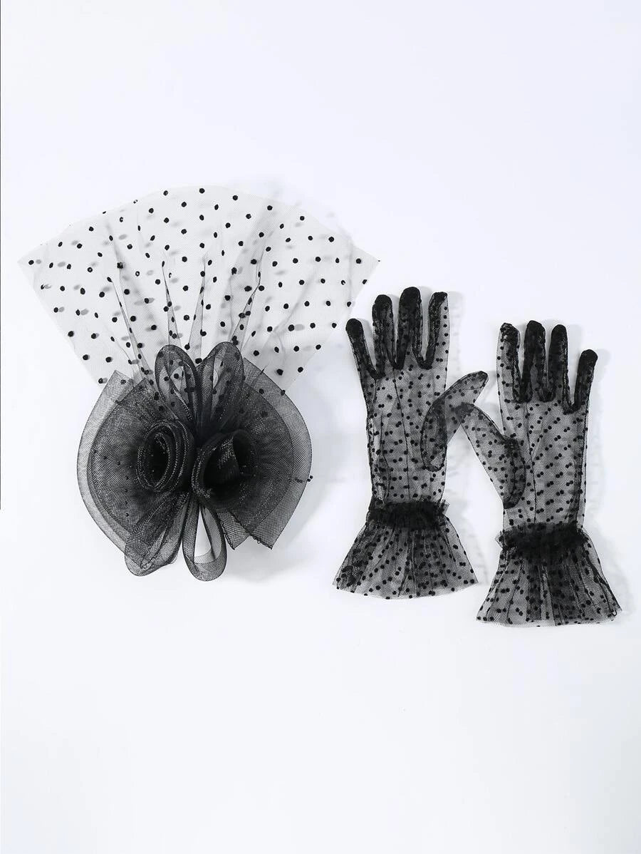 2 قطع بنقاط البولكا شبكة قفازات و قطعة واحدة مشبك شعر