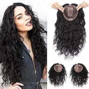 AiUree Natural Curly Human Hair Topper Women Toupee Clip in Hairpieces 13x14cm Silktop Top Hair Pieces Wiglets Left Part for Thinning Hair 16 inch Dark Brown