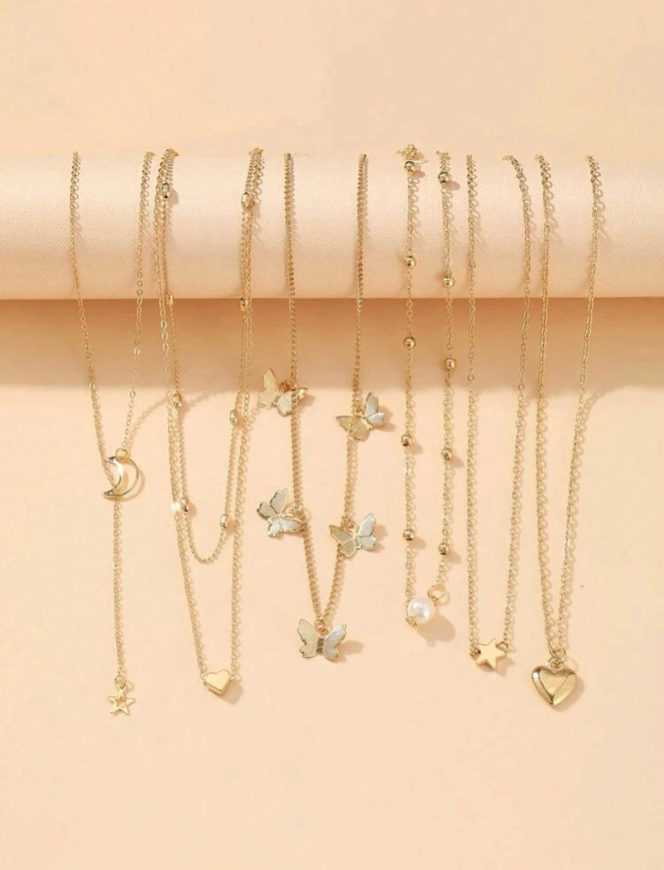 6pcs/Set Fashionable Star, Moon, Faux Pearl, Heart & Butterfly Pendant Necklace