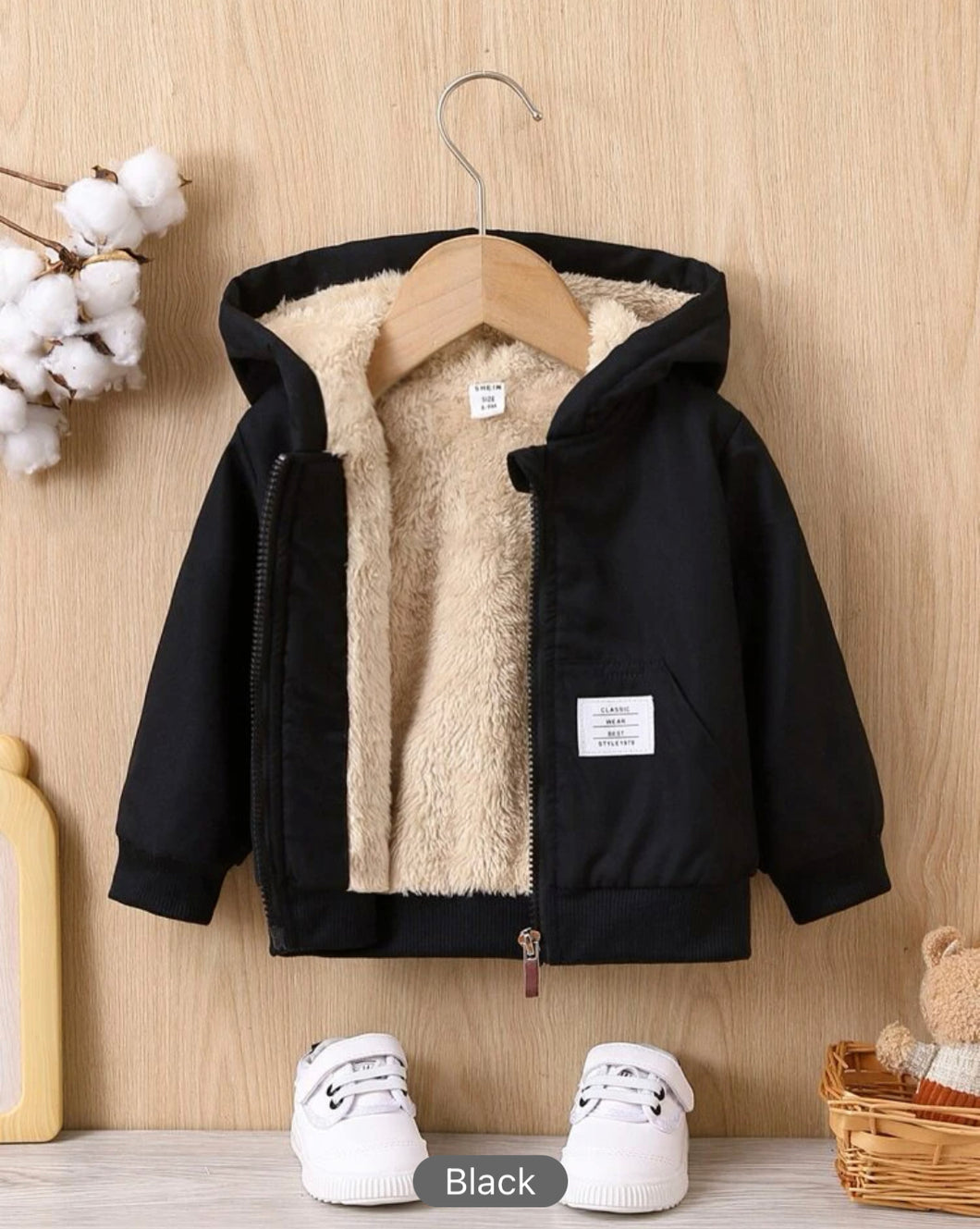 Baby Boy Patch Detail Teddy Lined Hooded Jacket