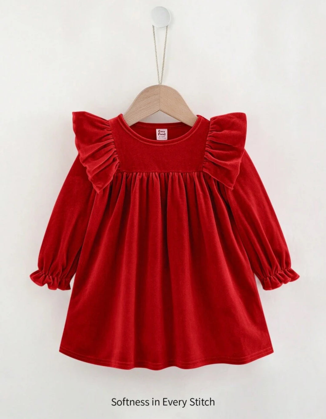 Cozy Pixies فستان طويل الأكمام للبنات، قطعة صلبة الخامة قطنية ناعمة، ياقة مستديرة، بتنورة مريشة الحافة، خصر مكشكش