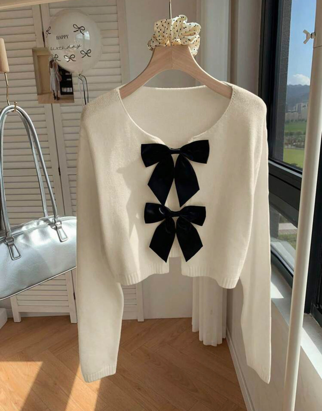 Comfortcana كارديجان نسائي بياقة مستديرة مع ربطة عقدة الفراشة، كاجوال للارتداء اليومي، ملائم للخريف/الشتاء، بأكمام طويلة