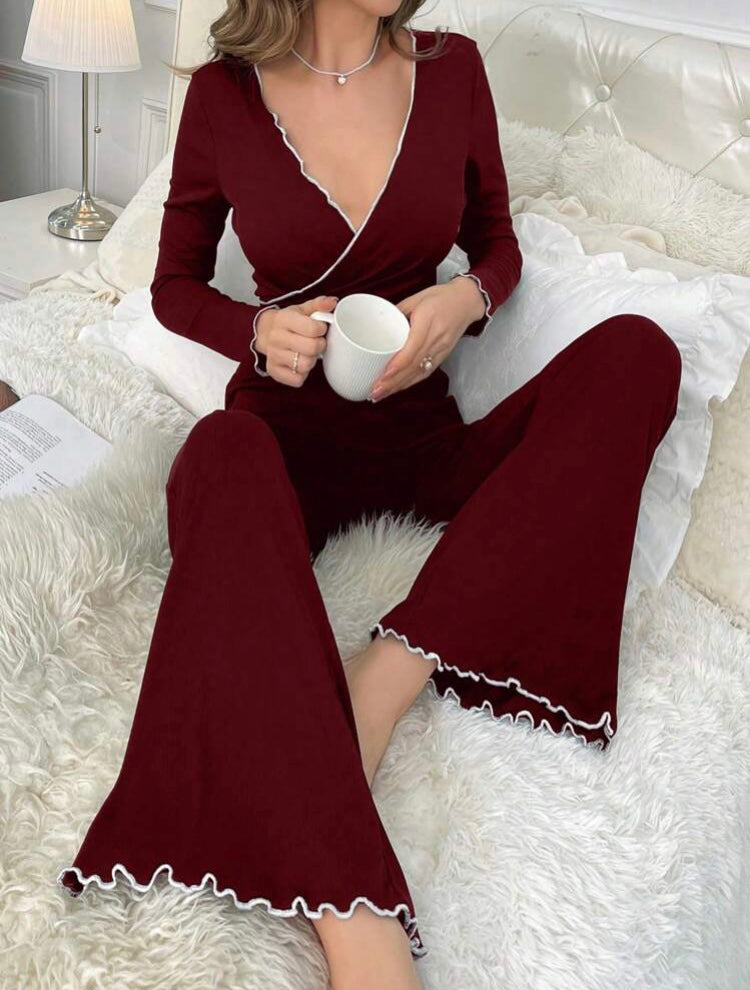 Contrast Color Rolled Edge Cross Wrap Top And Bell Bottoms Pajama Set