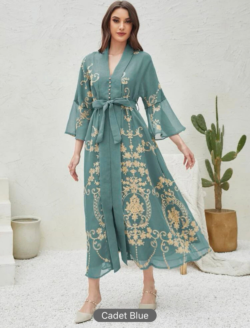Baroque Print Flounce Sleeve Belted Kaftan