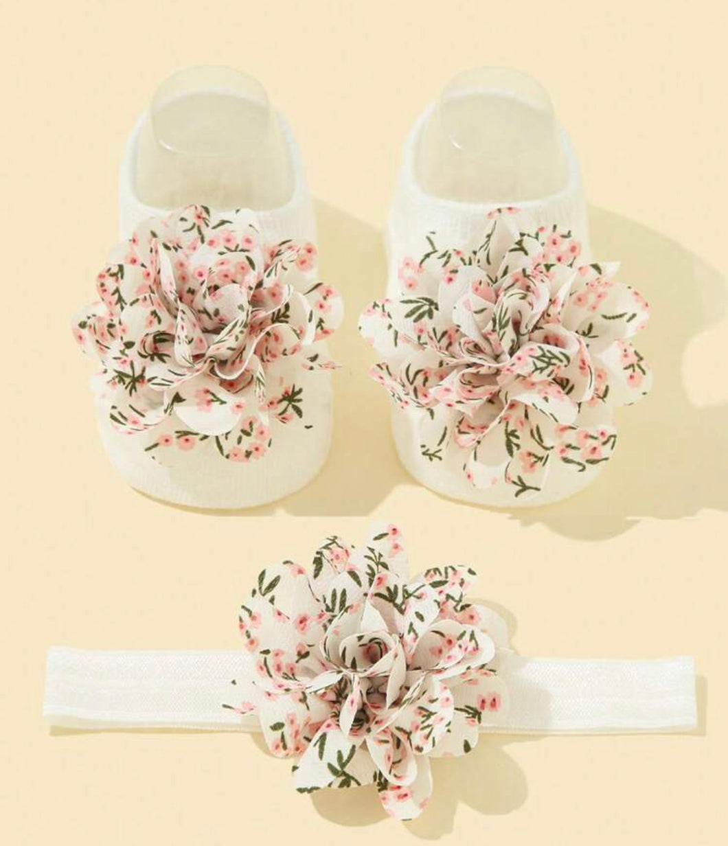 1pair Baby Flower Decor Anti-slip Cute Walking Socks & 1pc Hair Band For Daily Life