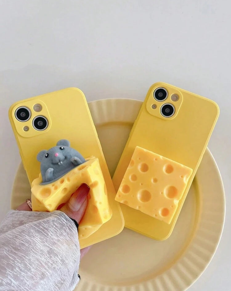Apple Cute Phone Case Cheese Mice Squeeze Stress Relief Phone Case, Compatible With IPhone 16, 15, 14, 13, 12, 11 Pro Max, Women Soft Protective Case Anti-Fall