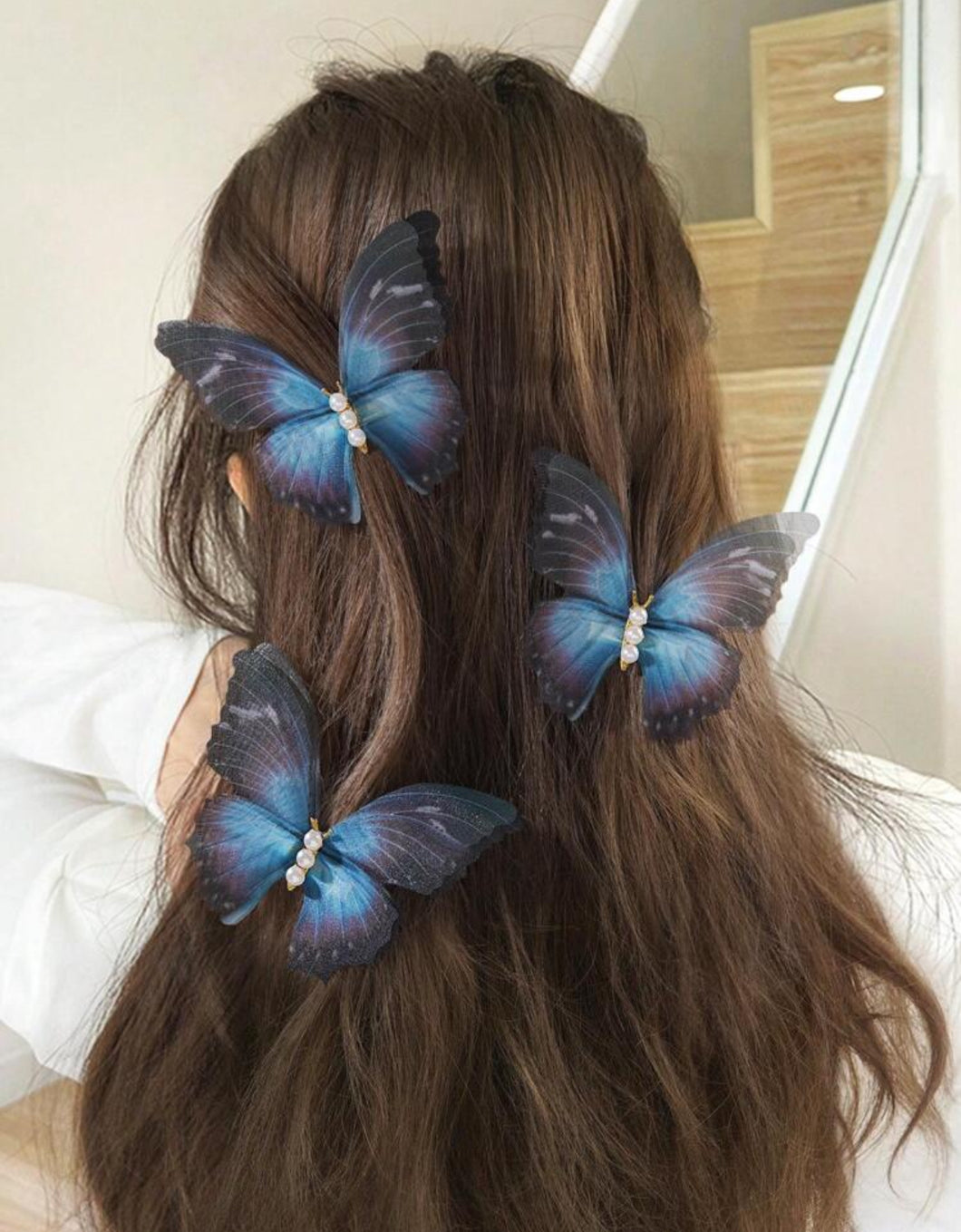 3 قطع دبابيس شعر بشريحتين من الشيفون الرقيق بتدرج لوني أزرق بتصميم فراشة وتمساح، اكسسوارات شعر نمط فاخر بخرز للنساء، هندسي عتيق