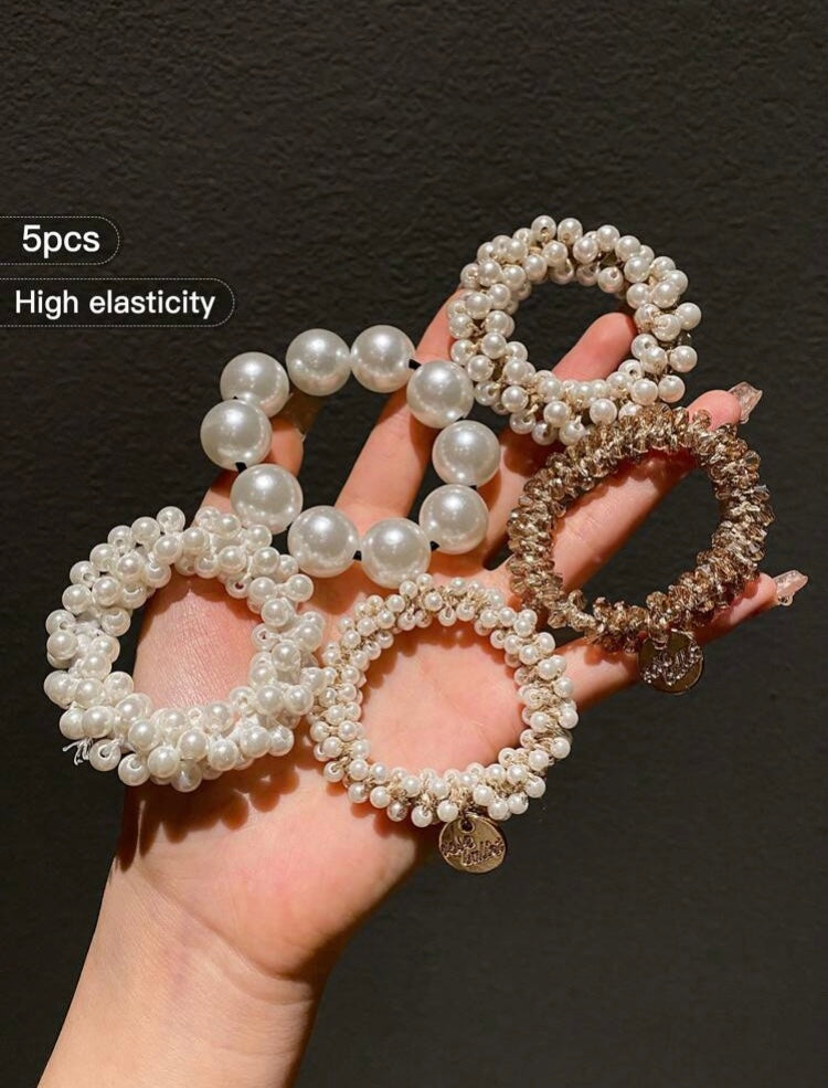 5pcs Women's Pearl Rhinestone Hair Ties, Simple And Elegant Hair Accessories