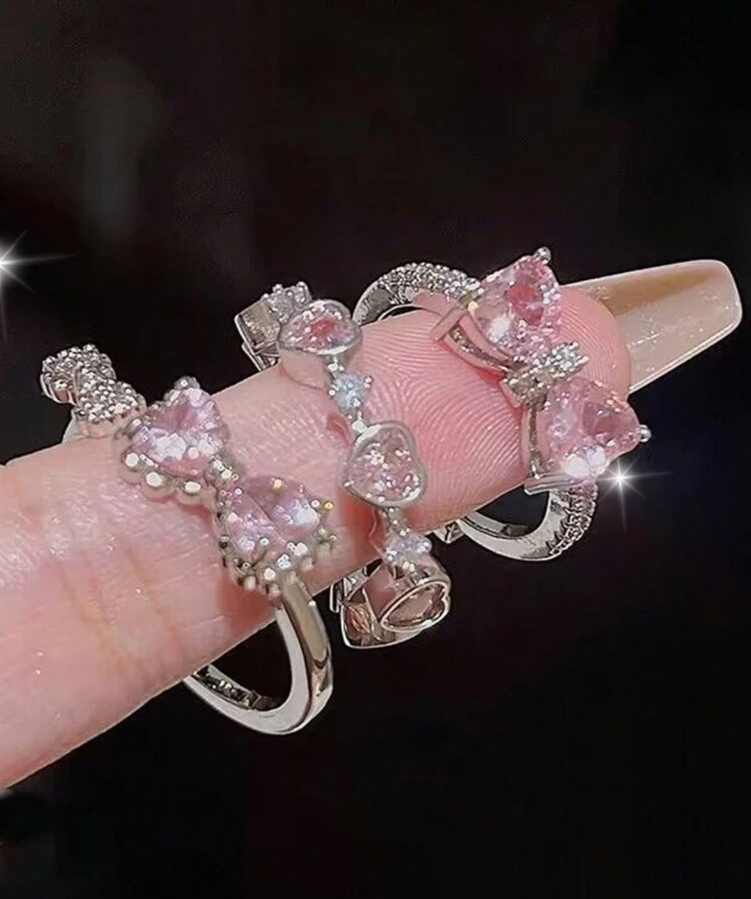 3 قطع/مجموعة خواتم ديكور على شكل قلب الحب الوردي وعقدة فيونكة وحجر الراين للنساء، رائعة للمواعدة وهدايا العطلات