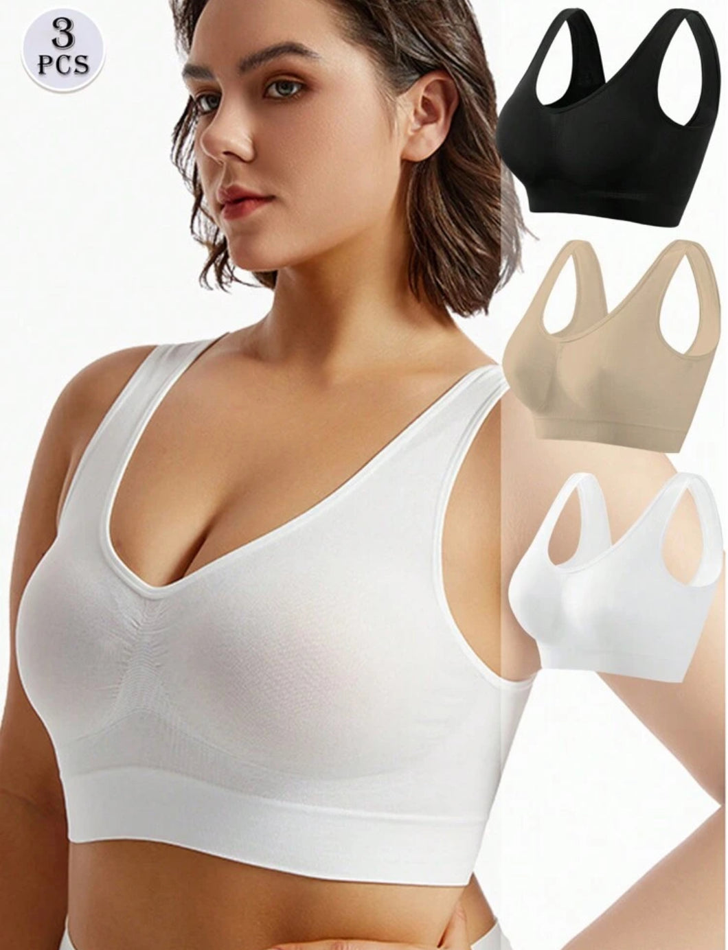 3 حبات صدريات رياضية غير منفصلة للمقاسات الكبيرة ، بتصميم بسيط وأنيق للارتداء اليومي العادي