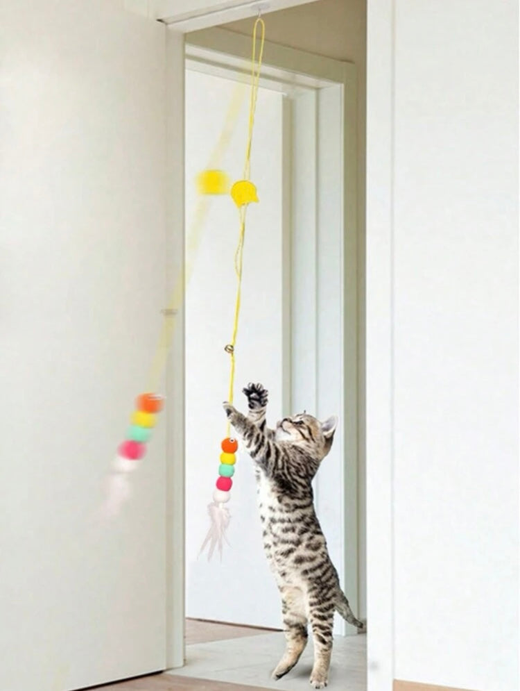 1pc Pet Cat Teaser Wand With Feathers & Bell, Interactive Elastic String, Fun Kitten Toy