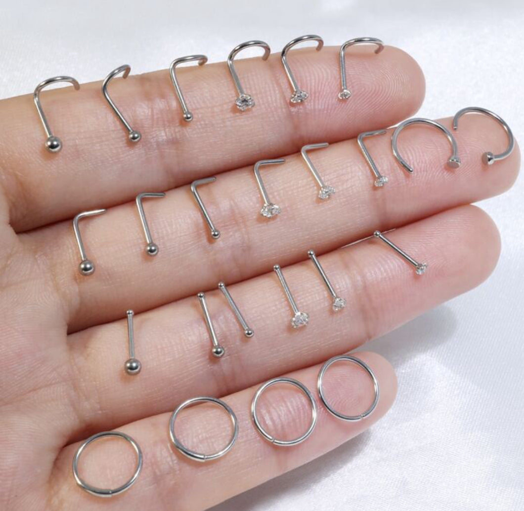 24 قطعة من أقراط الأنف الحلقية من الفولاذ المقاوم للصدأ على شكل حرف C للنساء والرجال،أقراط الأنف على شكل حرف L، مجوهرات ثقب الأنف بالمسمار والأحجار الكريستالية الزركونية