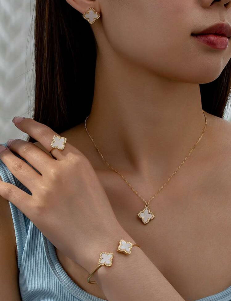 1 Pc Clover Necklace + 1 Pc Clover Cuff Bangle +1 Pc Acrylic Clover Ring +1 Pair Clover Earring Jewelry Set Valentines