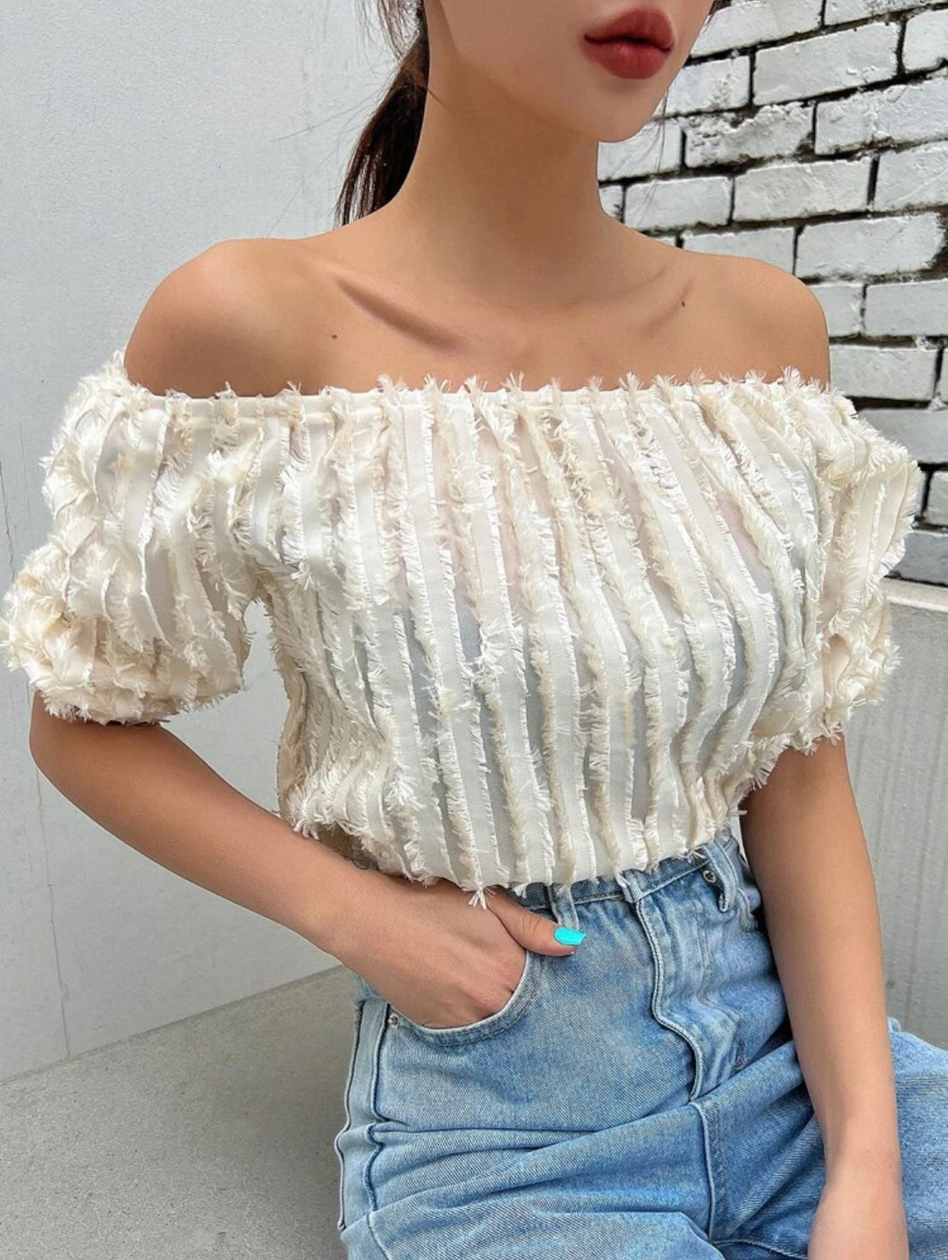 DAZY Off Shoulder Frill Trim Fuzzy Blouse