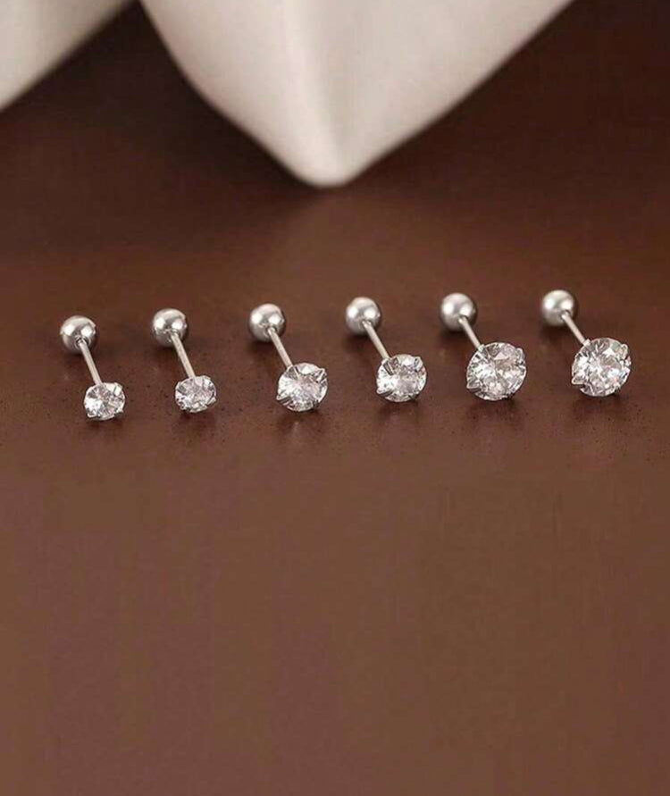 6pcs/Set Elegant Minimalist Ladies Earrings, Titanium Steel Inlaid Artificial Zirconia Ear Studs, Shiny & Convenient For Earrings Piercing