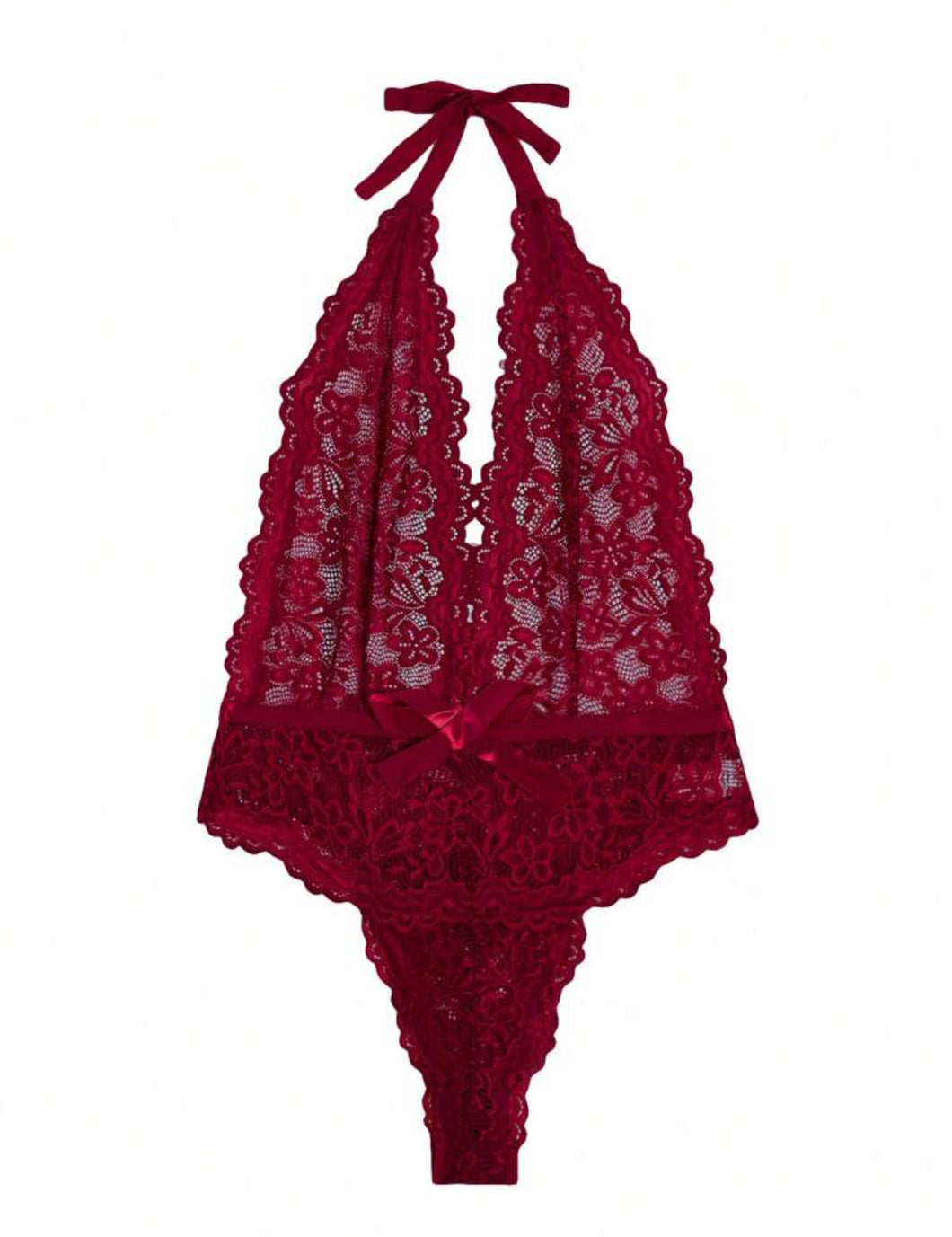 Classic Sexy بدسويت تيدي دانتيل زهري مقلم شكل اقواس ياقة مغرق مكشوف الظهر رسن