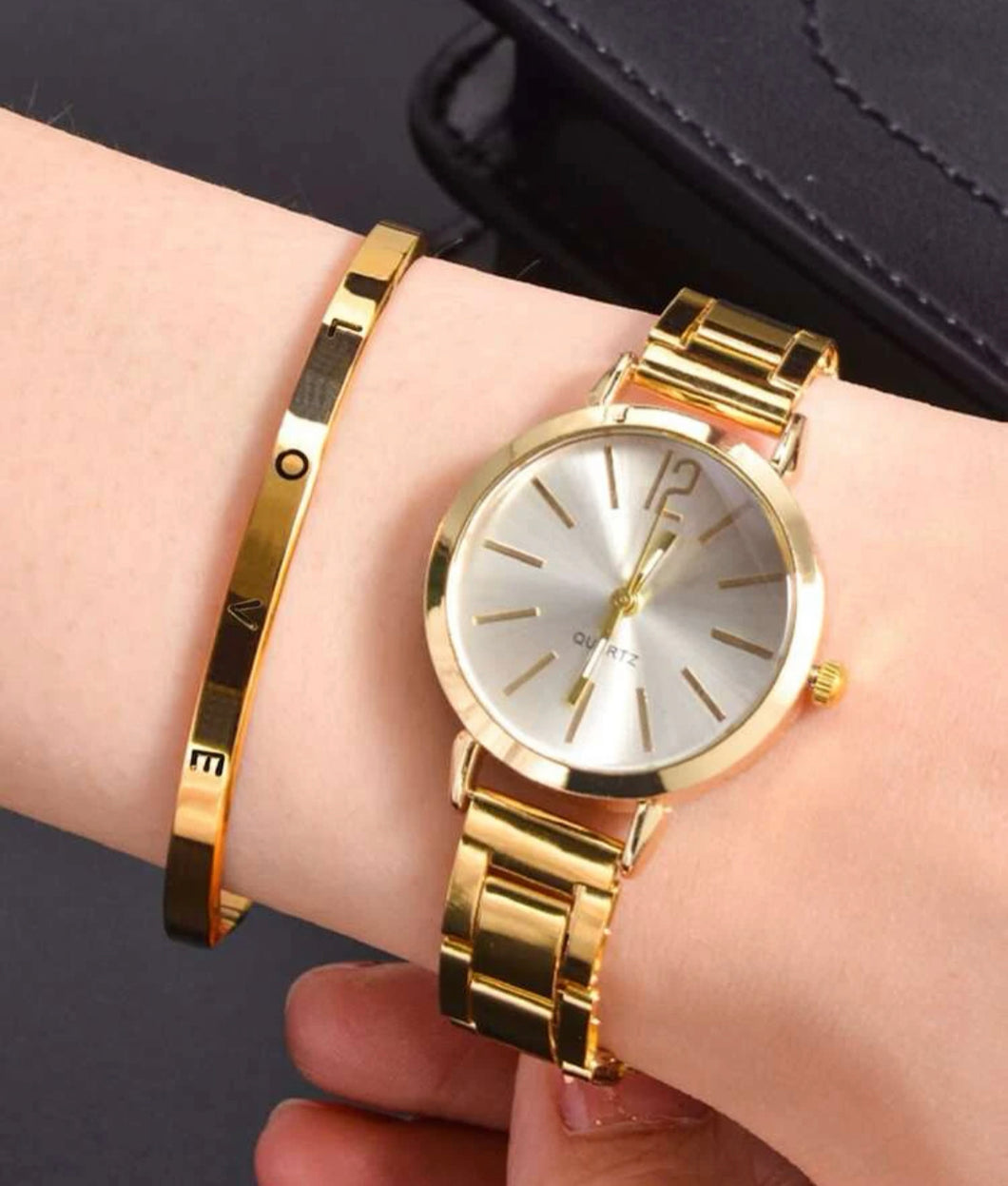 1pc Simple Round Pointer Quartz Watch With 1pc Bracelet