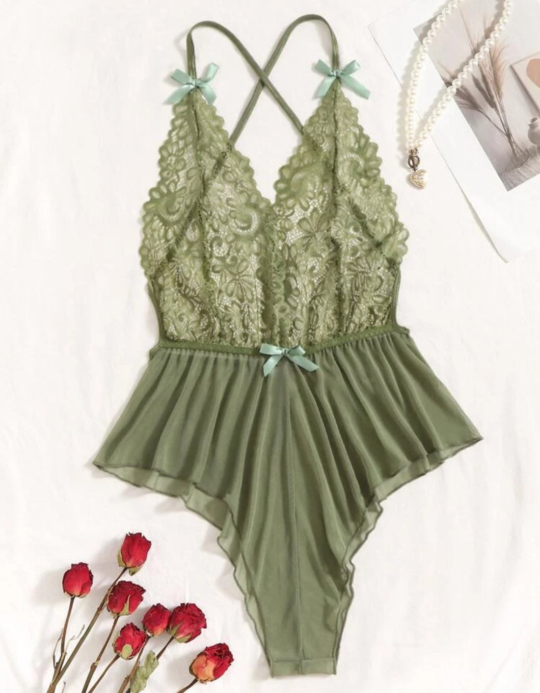 Classic Sexy بدسويت تيدي دانتيل متباين اللون شبكة متقاطع