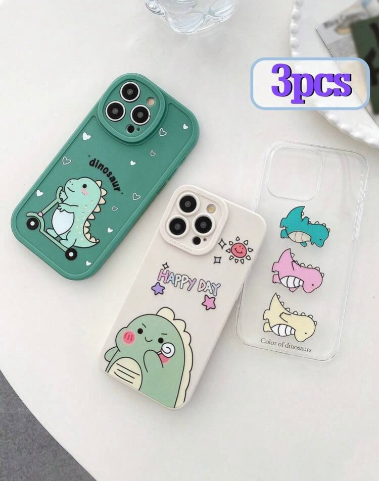 3pcs Creative Cute Cartoon Little Dinosaur Pattern Printed Phone Case With Green Camera Protection Cover Design, Beige Camera Protection Cover Design, And Clear Case, Compatible With IPhone 11, Iphone 13, Iphone 14, Iphone 15, Etc.